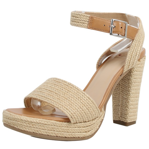 Tan Jute Open Toe Ankle Strap Platform Block Heel - Picture 2 of 6